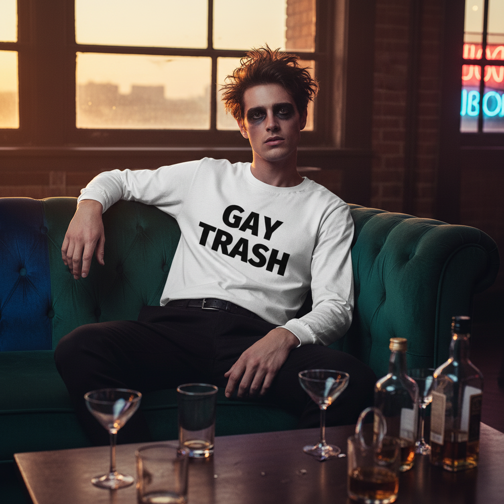 Unisex long sleeve tee with “Gay Trash” in bold black text, worn by a person on a green sofa under neon lights