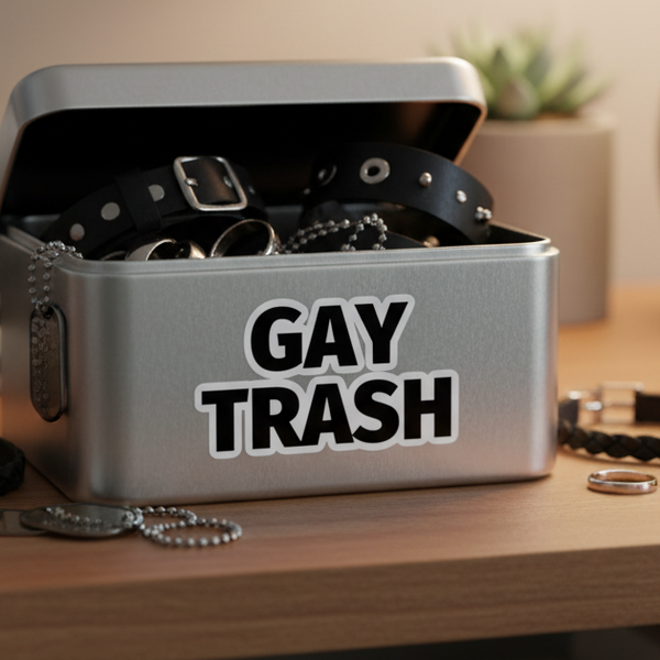 Gay Trash metal box with “GAY TRASH” label, open on wood, stuffed with leather and chains