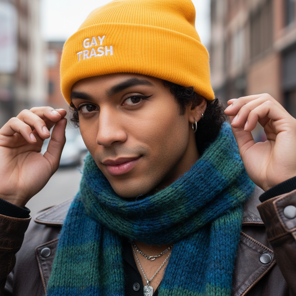 Gay Trash Cuffed Beanie worn by a person with medium skin, winged eyeliner, hoop earrings, brown leather jacket