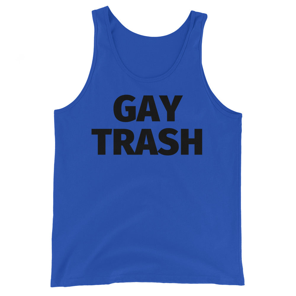 Bright blue unisex tank top with “GAY TRASH” in bold black letters on the chest, shown laid flat on a plain white background.