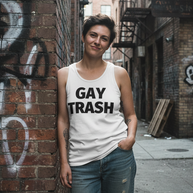 Gay Trash Unisex Tank Top with bold black lettering, styled with ripped jeans; short-haired person poses confidently in graffiti alley.
