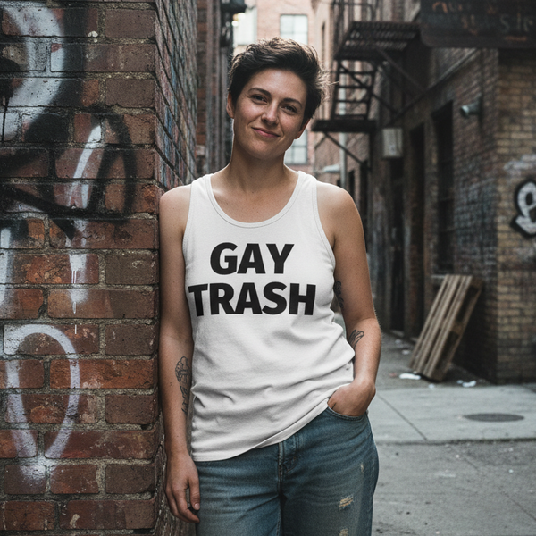 Gay Trash Unisex Tank Top with bold black lettering, styled with ripped jeans; short-haired person poses confidently in graffiti alley.