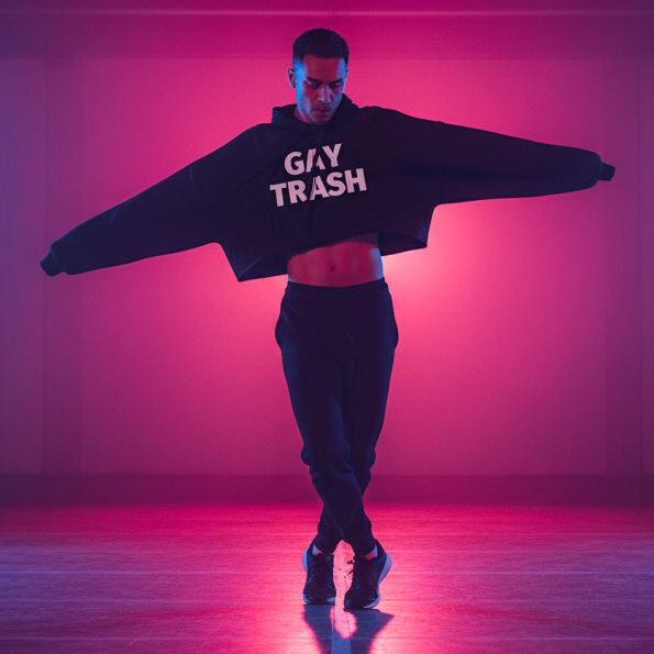 Gay Trash Crop Hoodie with black pants, worn by a bold person posing arms out in neon pink and purple-lit room