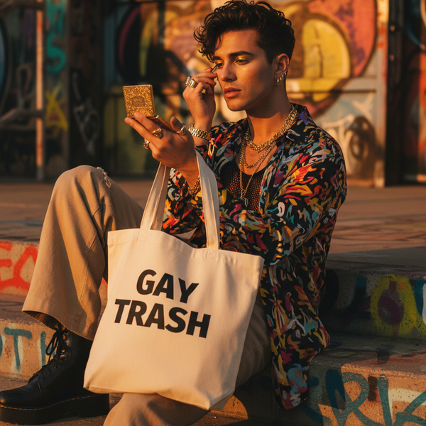 Cream canvas tote bag reading “GAY TRASH,” held by a seated person in a graffiti-covered skatepark