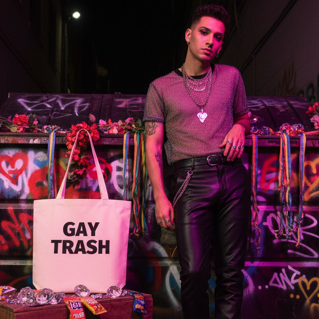 Model holding a pink tote bag reading “GAY TRASH” in a graffiti-covered alley