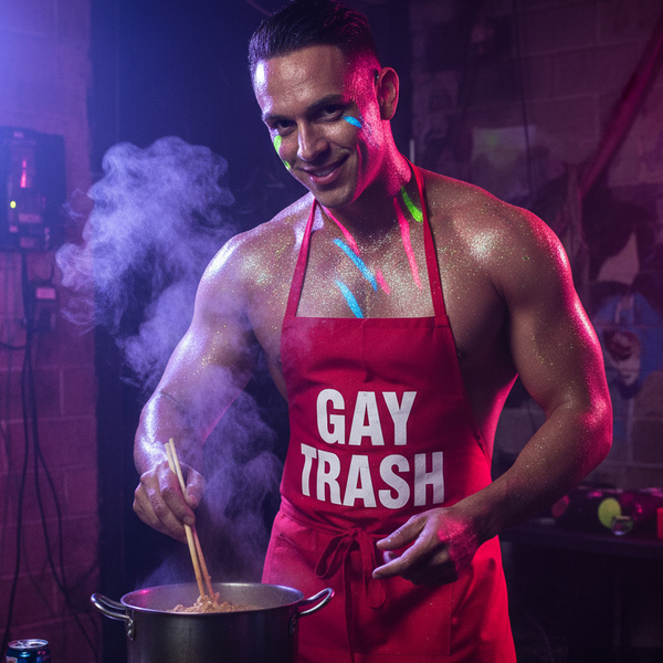 Muscular person in a red GAY TRASH apron stirs a steaming pot