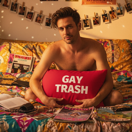 Shirtless person holds a red “GAY TRASH” pillow while sitting cross-legged on a colorful bed