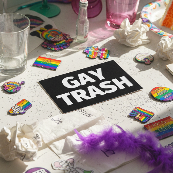 Gay Trash Postcard stands out on a rainbow-bright LGBTQ+ party table with pride stickers, rainbow pins, badges, glitter