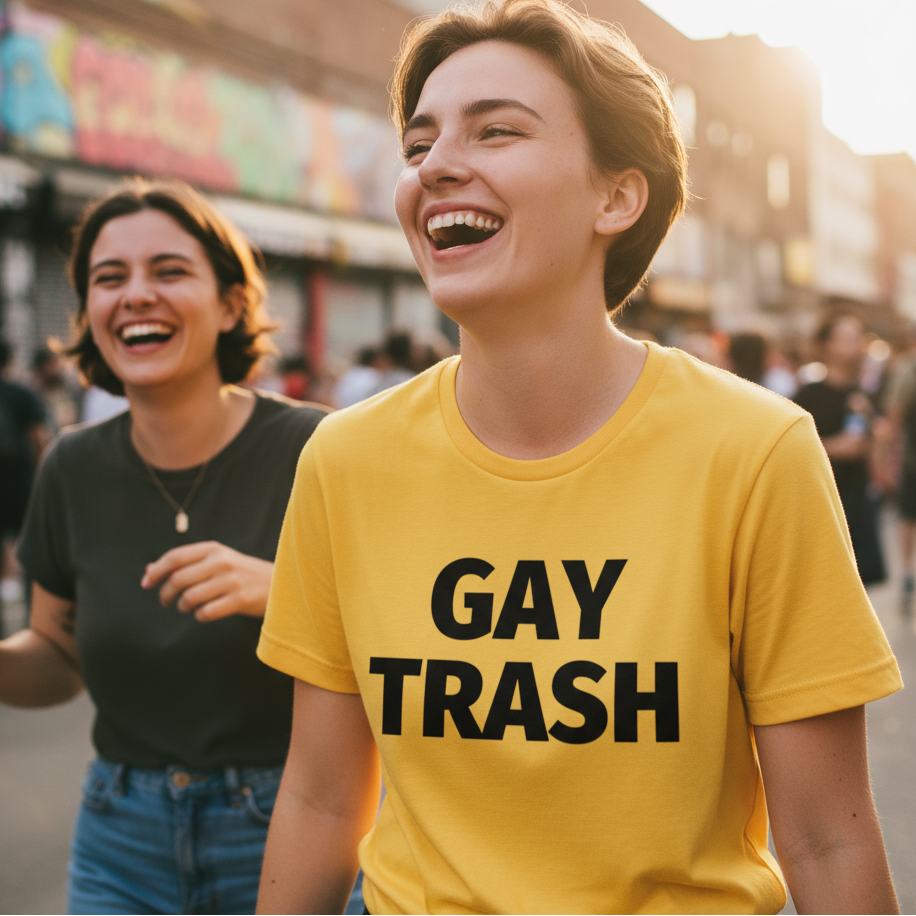 “Gay Trash T-Shirt” worn by a person laughing with a friend at a vibrant, colorful, and joyful Pride street scene