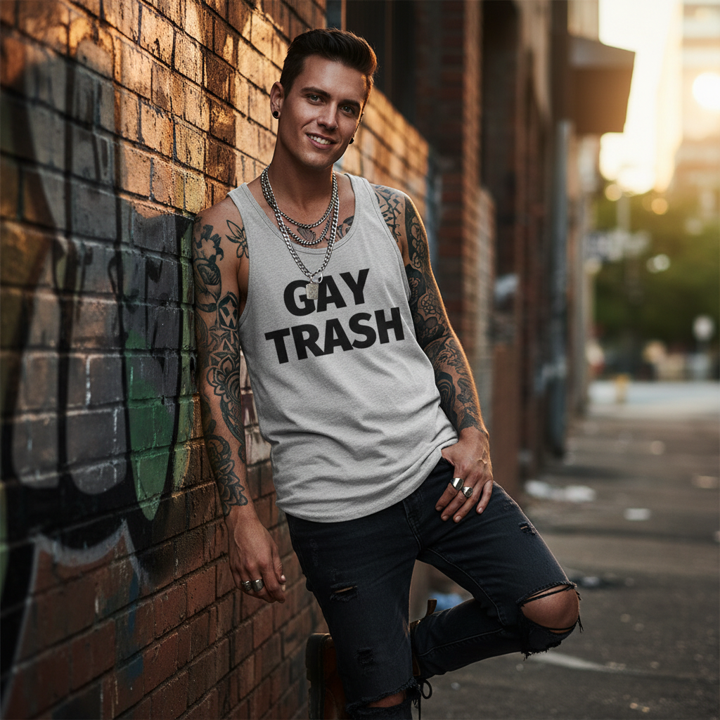 Gay Trash Unisex Tank Top in soft cotton, worn by a tattooed queer babe with ripped black jeans