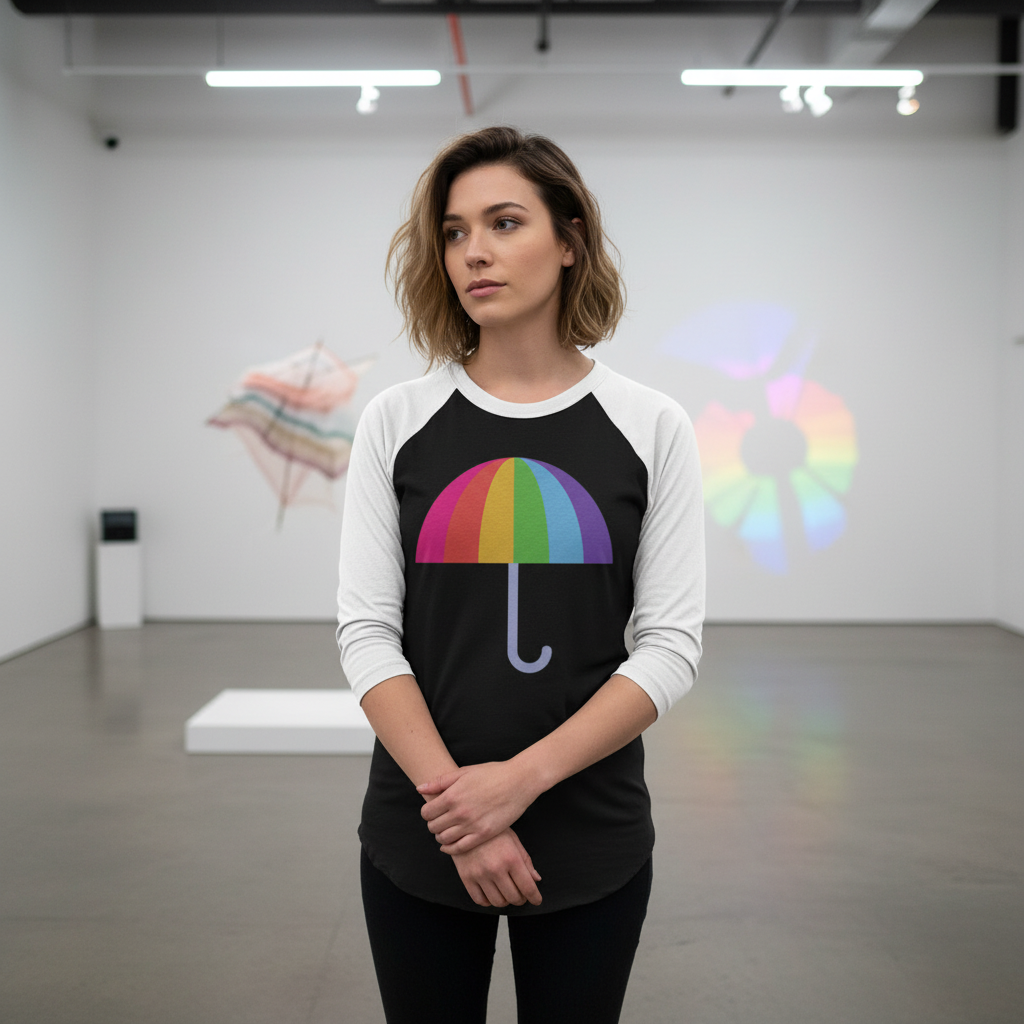 Gay Umbrella 3/4 Sleeve Raglan Shirt with rainbow umbrella graphic worn by a woman in a chic, well-lit queer gallery space.