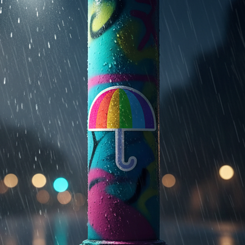 Gay Umbrella Bubble-Free Sticker with a rainbow umbrella pops on a graffiti-covered pole at night