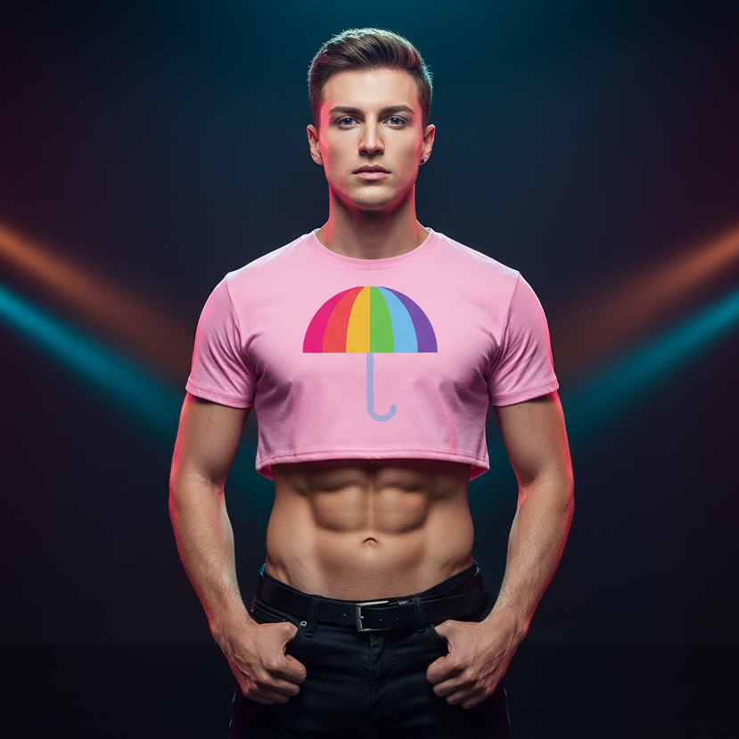 Front-facing model wearing a pink cropped T-shirt with a rainbow umbrella graphic