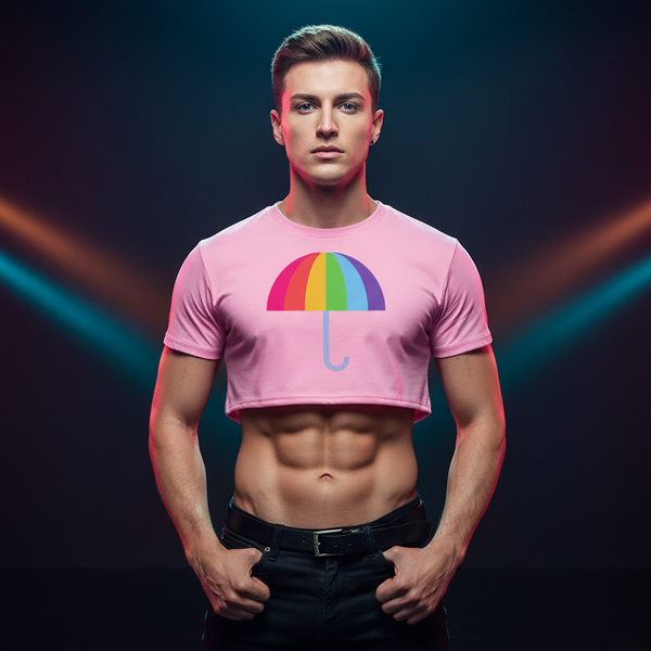 Front-facing model wearing a pink cropped T-shirt with a rainbow umbrella graphic