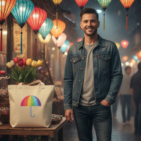 Cream canvas tote with a rainbow umbrella graphic on a market table beside a smiling person