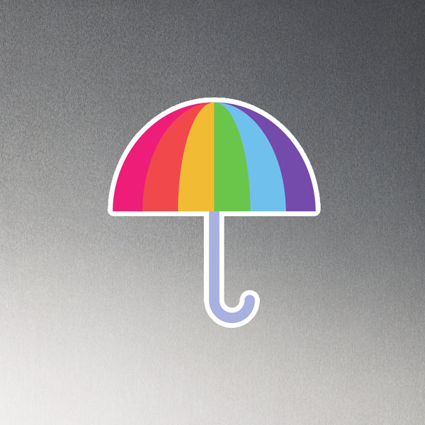 Rainbow umbrella magnet with a curved lavender handle on a gray background