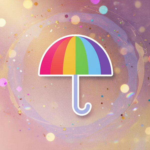 Rainbow umbrella icon, pastel bokeh with sparkles and confetti