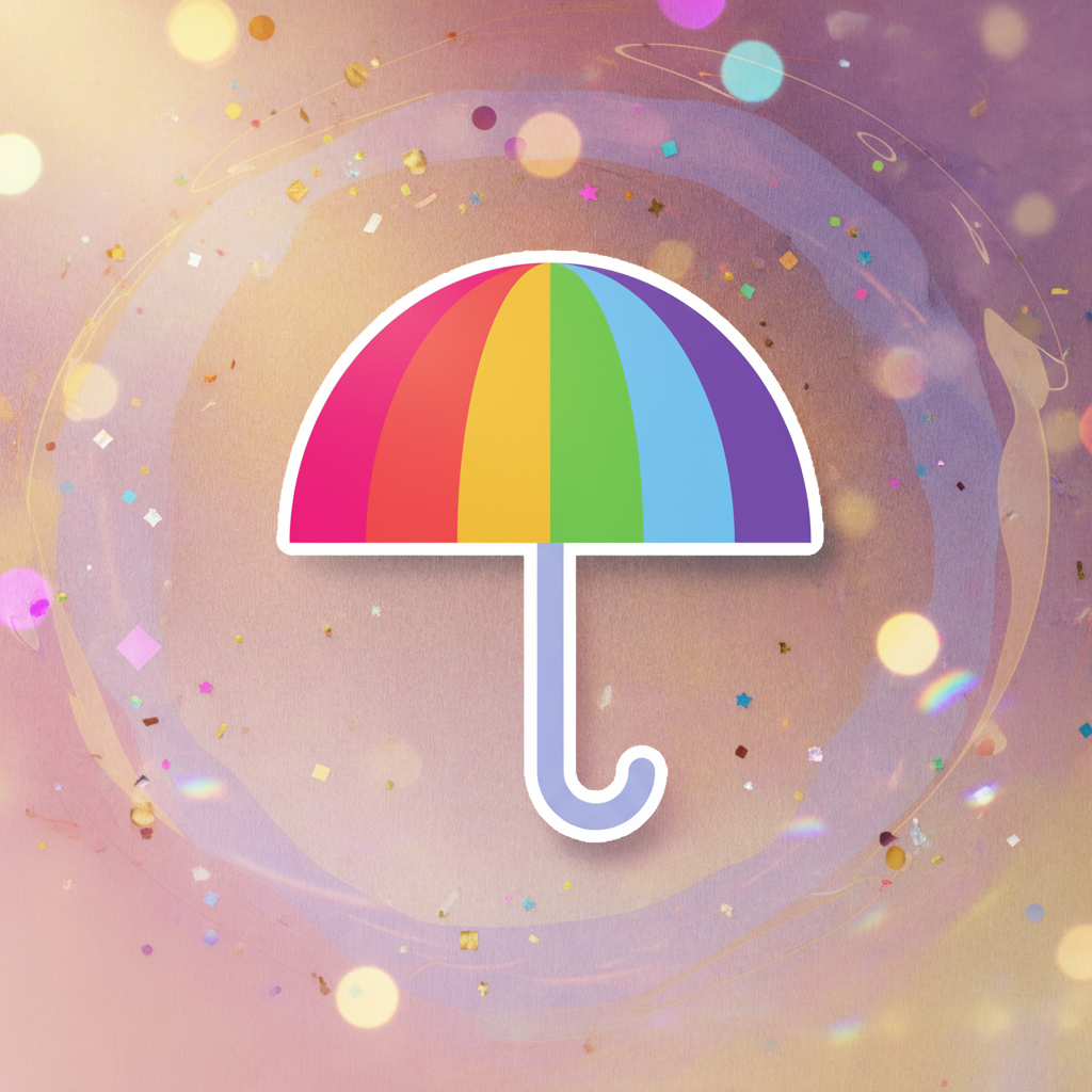 Rainbow umbrella icon, pastel bokeh with sparkles and confetti