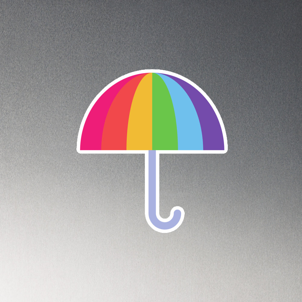 Rainbow umbrella magnet with a curved lavender handle on a gray background
