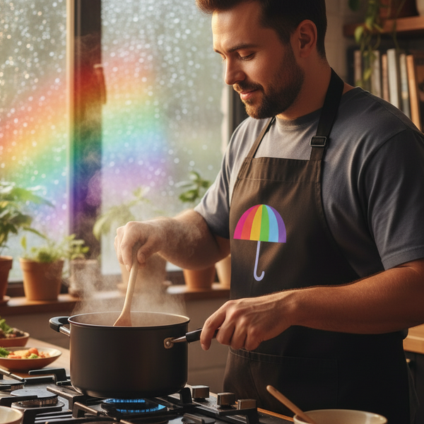 Bearded person stirring a steaming pot while wearing a black apron with a rainbow umbrella graphic