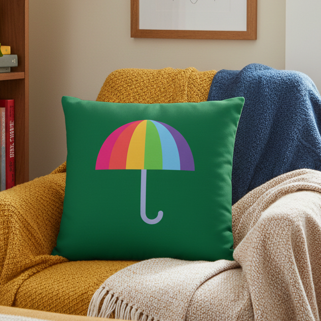 Gay Umbrella Pillow with a vibrant umbrella graphic on a beige armchair, layered with yellow, cream, and blue blankets