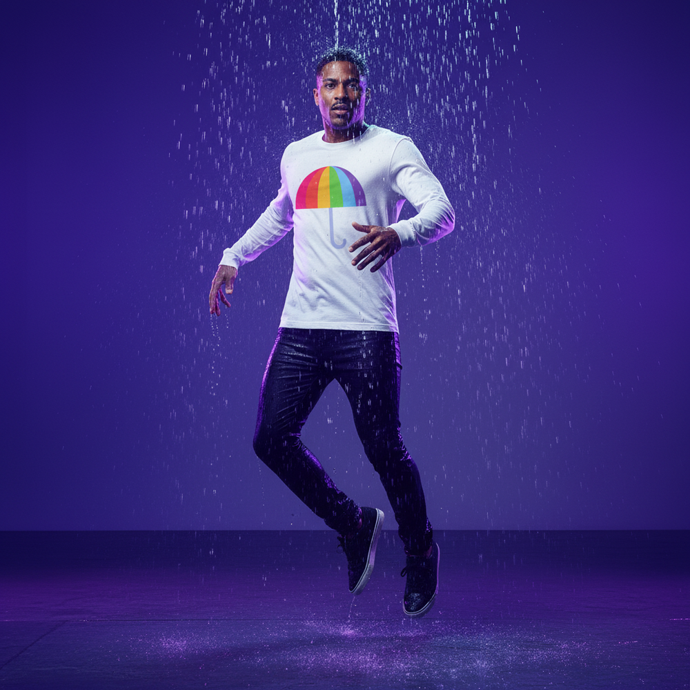 Gay Umbrella Unisex Long Sleeve T-Shirt with rainbow umbrella graphic, worn mid-jump under water