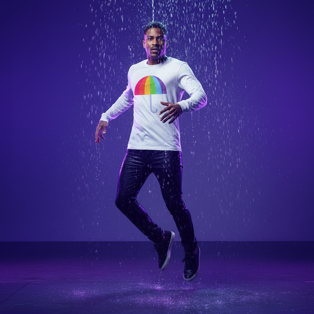 Gay Umbrella Unisex Long Sleeve T-Shirt with rainbow umbrella graphic, worn mid-jump under water
