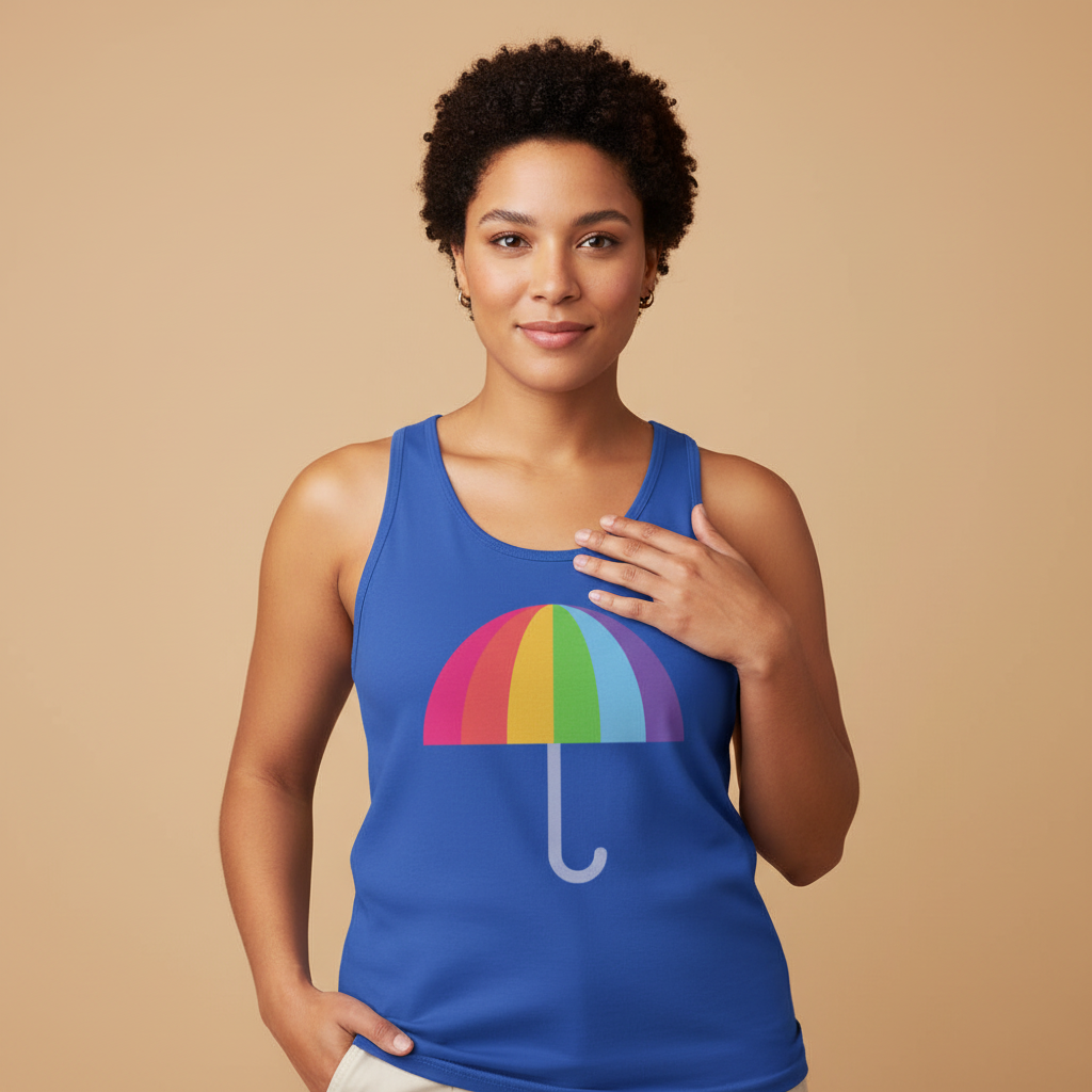 Gay Umbrella Unisex Tank Top with a rainbow umbrella graphic, worn by a person with short curls