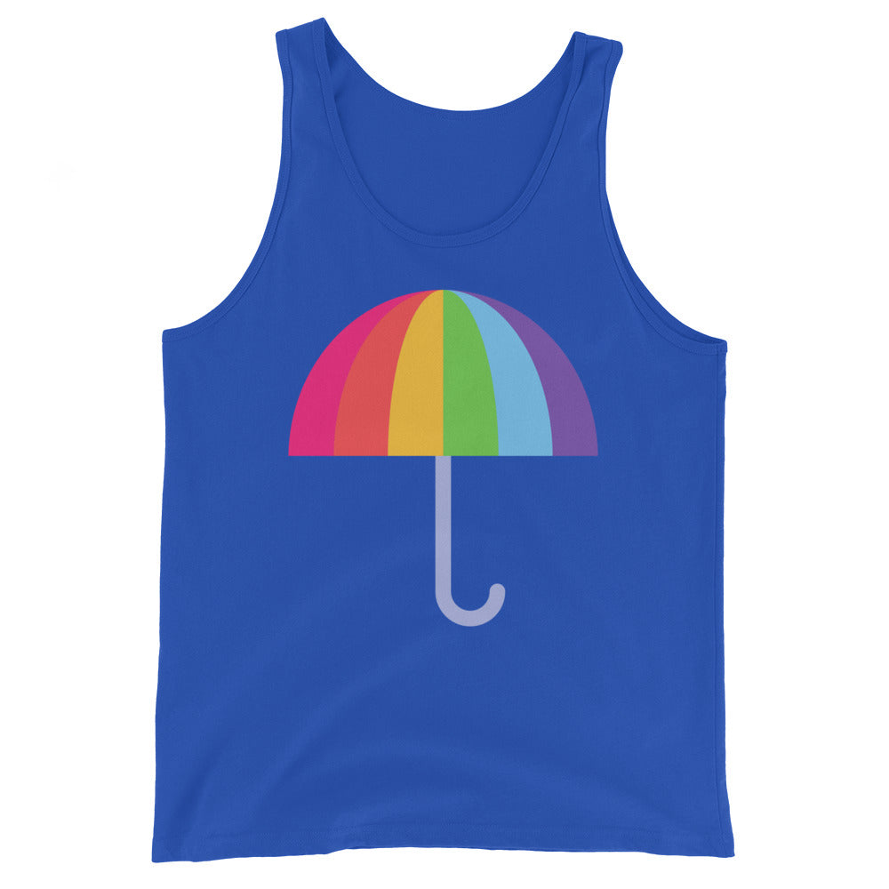 Blue unisex tank top with a rainbow-striped umbrella graphic on the front