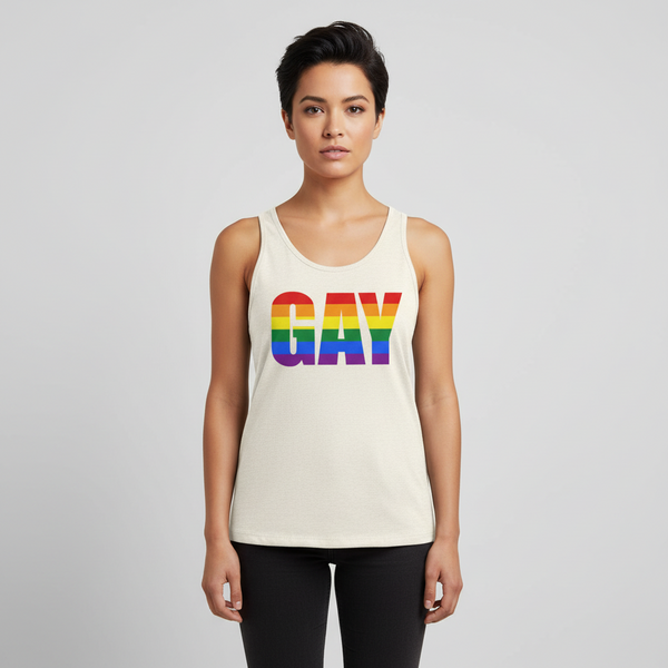 Gay Unisex Tank Top with bold rainbow-striped 