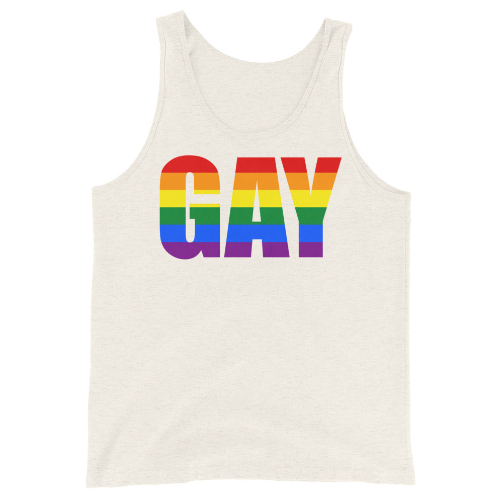 Front view of a cream tank top with large rainbow-striped “GAY” lettering