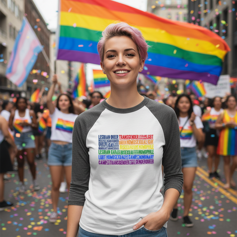 Person wearing white-and-gray 3/4-sleeve raglan shirt; gay Pride raglan shirt with “Gay Usa 3/4 Sleeve” design