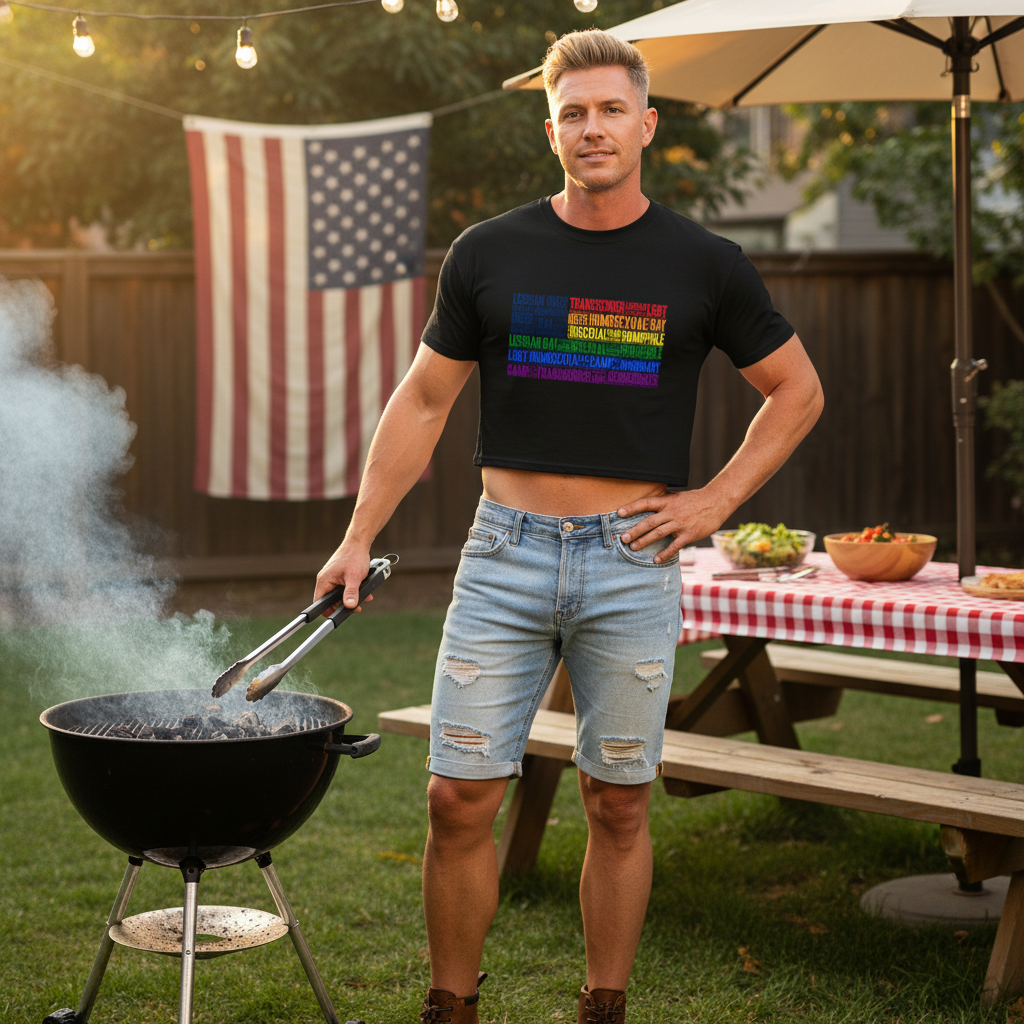 person grilling at a backyard barbecue in a black rainbow-lettered crop top