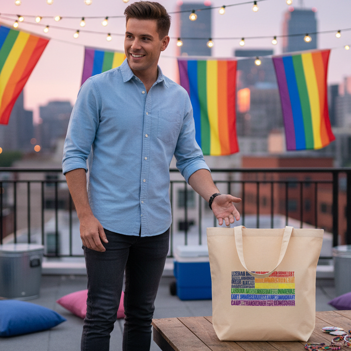 person presents a beige tote bag with multicolored text on a Pride-flag-decorated rooftop