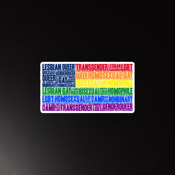 Rectangular LGBTQ+ magnet with colorful word-cloud text on a black background