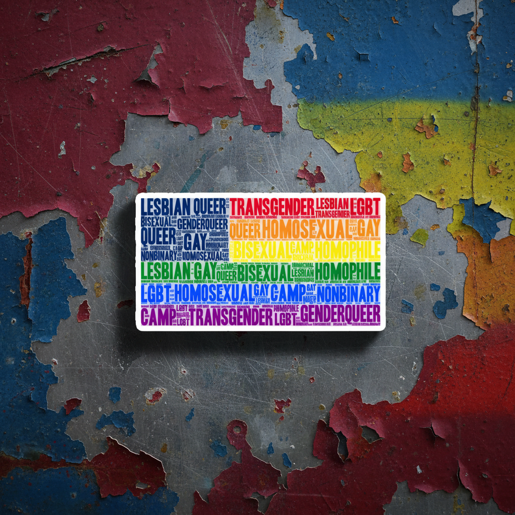 Rectangular "Gay USA Magnet" sticker with rainbow-colored words LESBIAN, GAY, TRANSGENDER, and LGBT on a multicolored wall.