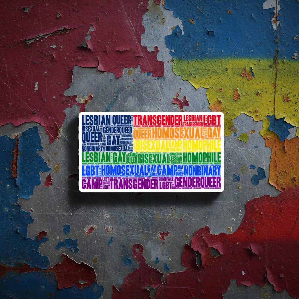 Rectangular "Gay USA Magnet" sticker with rainbow-colored words LESBIAN, GAY, TRANSGENDER, and LGBT on a multicolored wall.