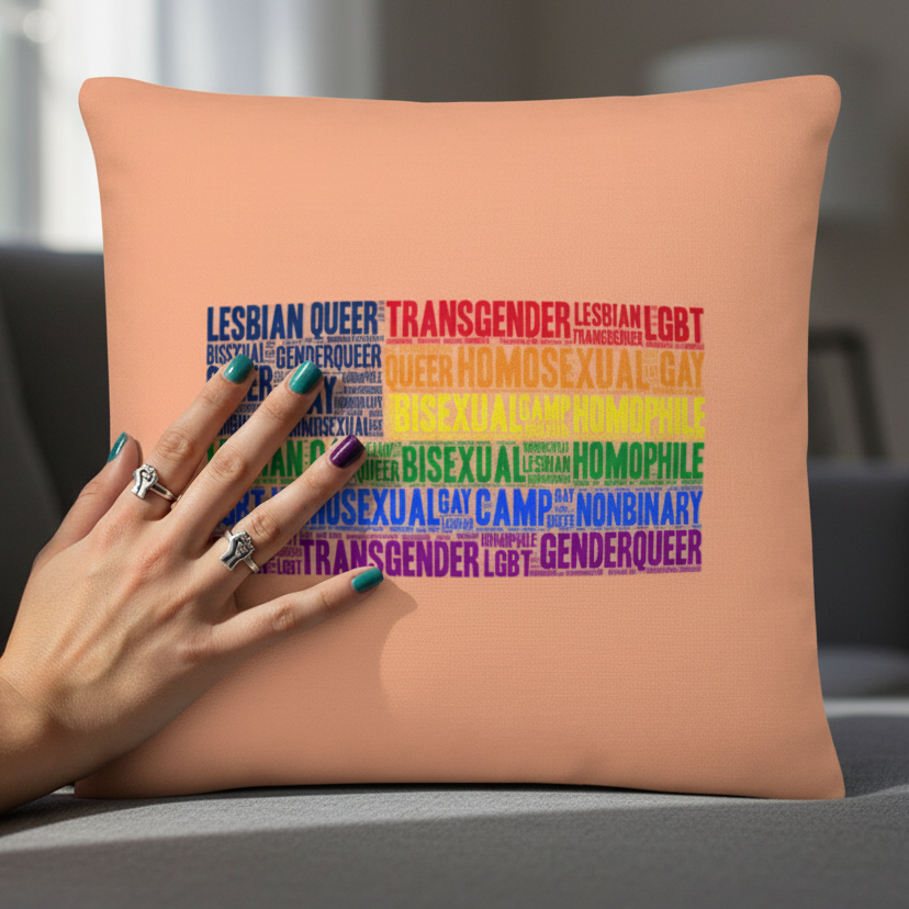Hand with rings and teal nails touches the Gay USA Pillow, displaying Lesbian, Transgender, Bisexual