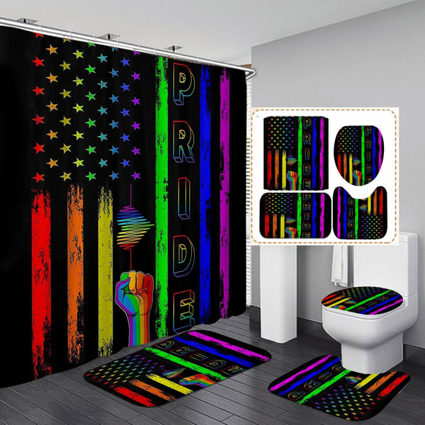 Black Pride bathroom set with star and rainbow-stripe shower curtain, mats, and toilet lid cover