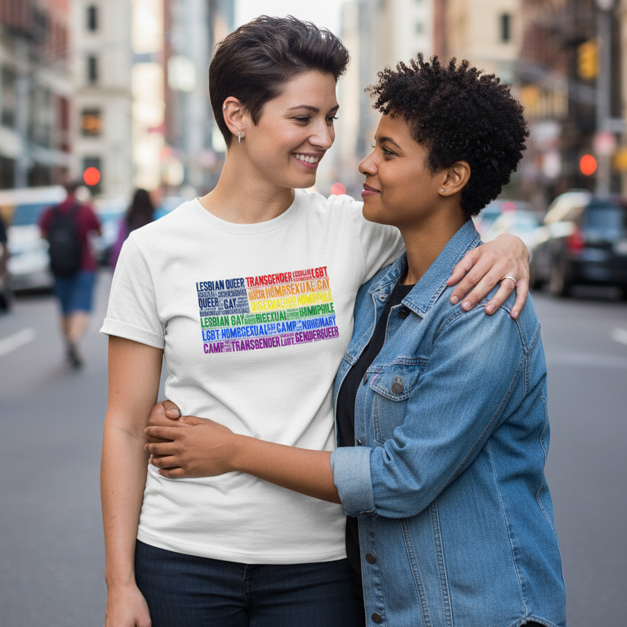 Gay USA T-shirt in rainbow colors on a person smiling at their partner, who rocks a denim jacket