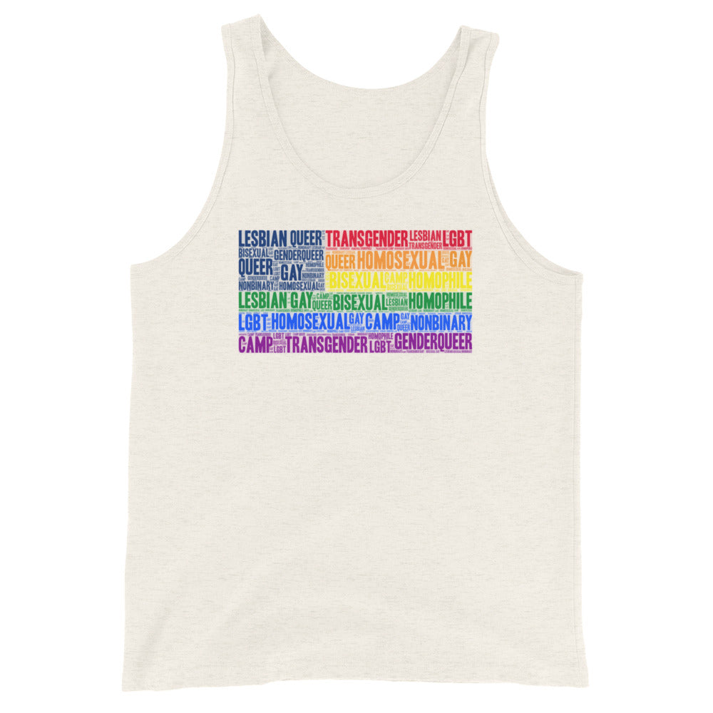 Unisex tank top with a rectangular rainbow word cloud, bold “LESBIAN,” “GAY,” “TRANSGENDER”; light, pride-ready style.