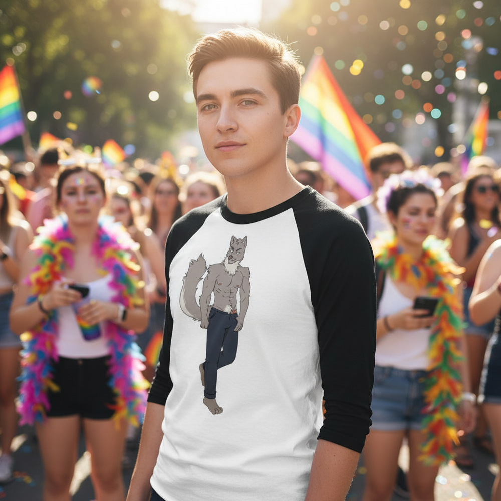 Gay Wolf 3/4 sleeve raglan shirt with cartoon wolf, worn by a young queer person at a sunny pride parade with rainbow flags.