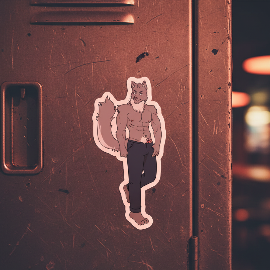 Bubble-free sticker showing a confident shirtless gray wolf in blue pants, queer-coded