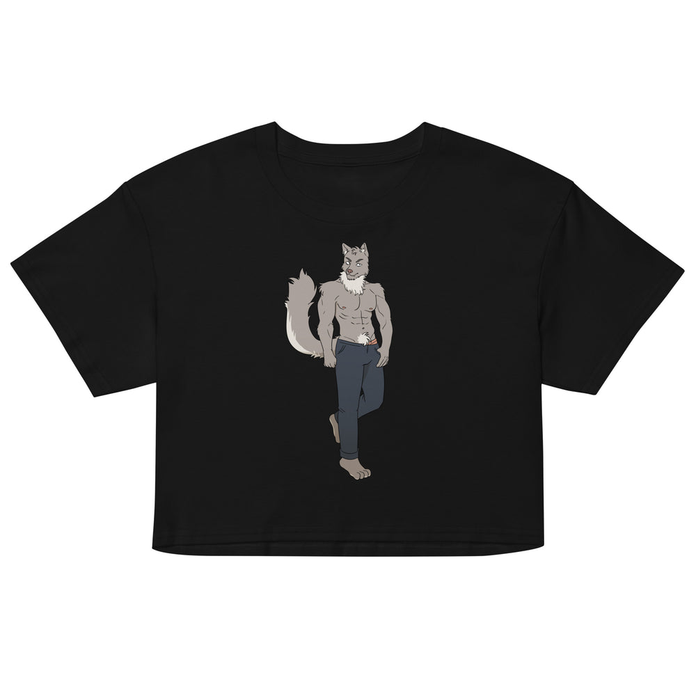 Gay Wolf Crop Top, worn by a man at dusk in a graffiti-tagged alley with neon lights and rainbow reflections on slick pavement.