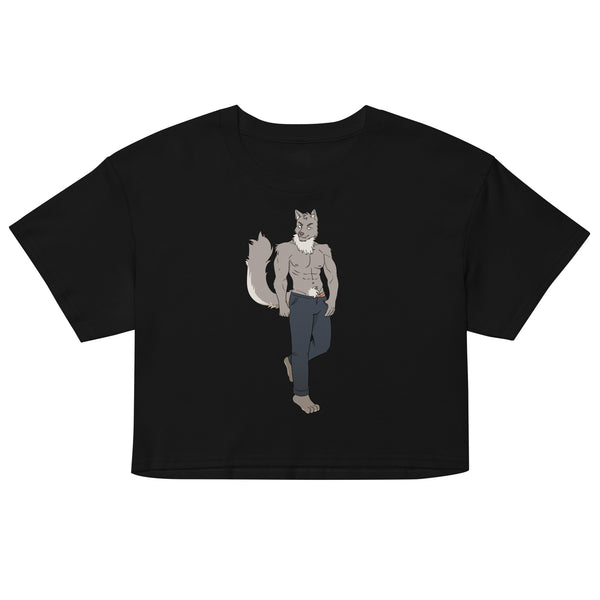 Gay Wolf Crop Top, worn by a man at dusk in a graffiti-tagged alley with neon lights and rainbow reflections on slick pavement.