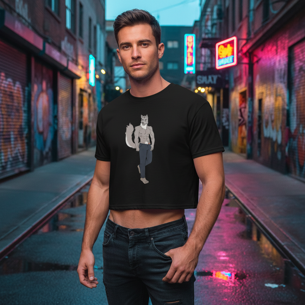 Gay Wolf Crop Top, worn by a person at dusk in a graffiti-tagged alley with neon lights and rainbow reflections on slick