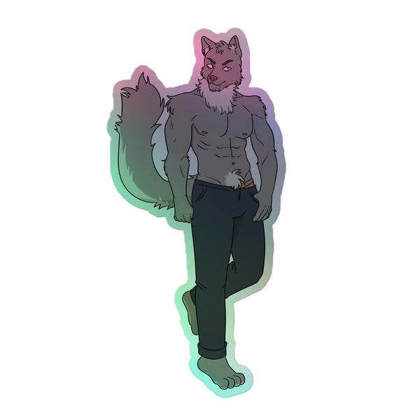 Front-facing holographic sticker of a shirtless muscular wolf character in dark pants
