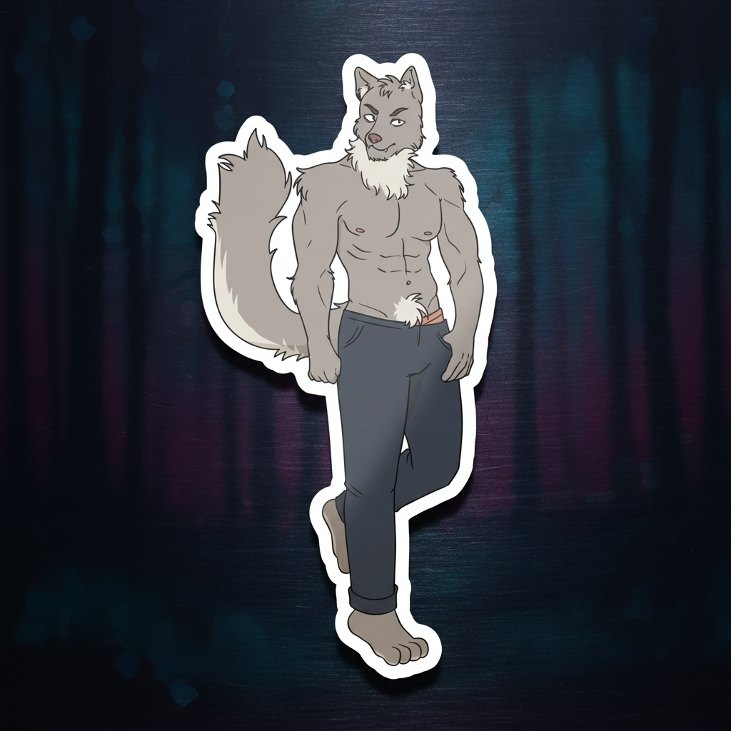 Magnetic vinyl Gay Wolf Magnet with digital art of a muscular, shirtless queer wolf in blue pants, belt, and bushy tail.