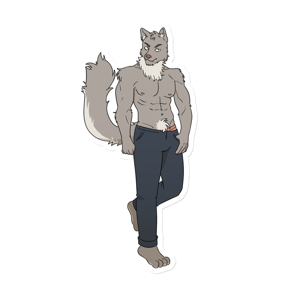 Front-facing anthropomorphic gray wolf with a muscular torso, tail, and dark pants