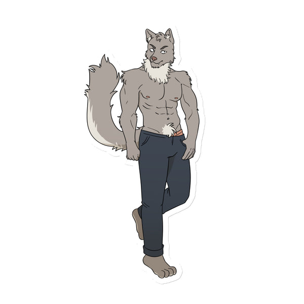Front-facing anthropomorphic gray wolf with a muscular torso, tail, and dark pants